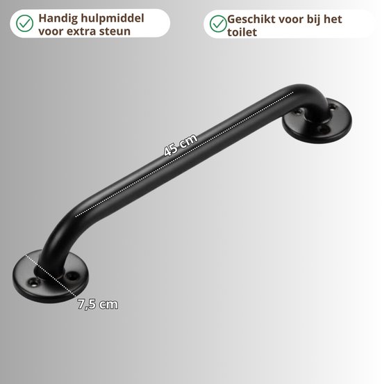 Zwarte wandbeugel, 45 cm lang, 7,5 cm van de muur. Handig hulpmiddel voor extra steun.