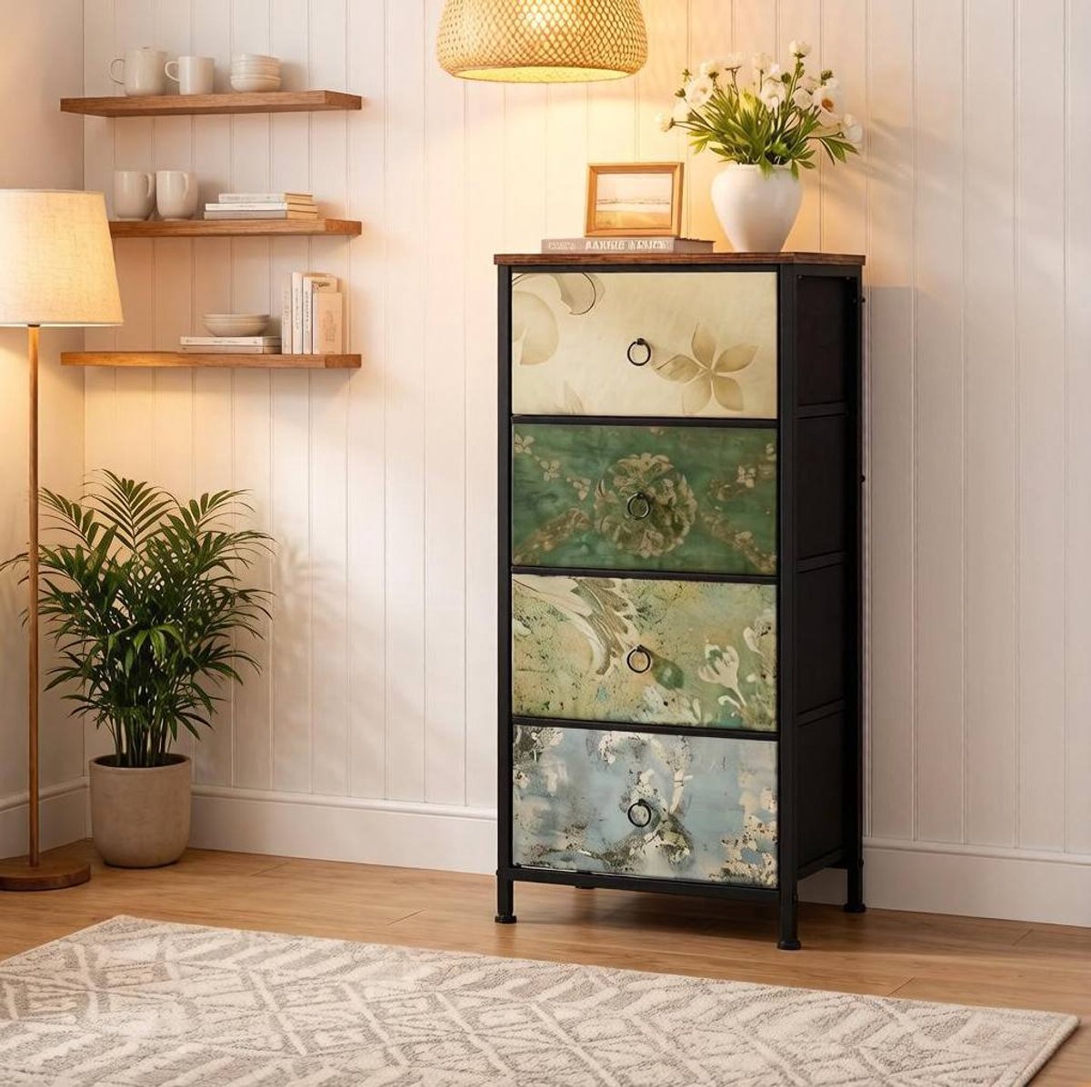 HAUSS SPOLE Dressoir - Vintage Ladekast Met 4 Stoffen Laden - Opbergkast Voor Slaapkamer Hal En Woonkamer - Hout Metaal Stof - 45x30x94,5 Cm - Multikleur Bruin