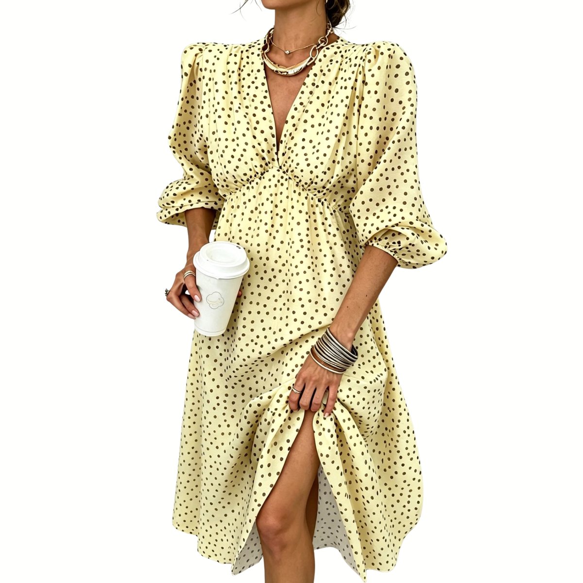 Currero Jurk Met Polkadots Stippen Zomerjurk Dames Zomerjurken Midi Jurk Volwassenen Ibiza Stijl Sundress Dress XXL Geel