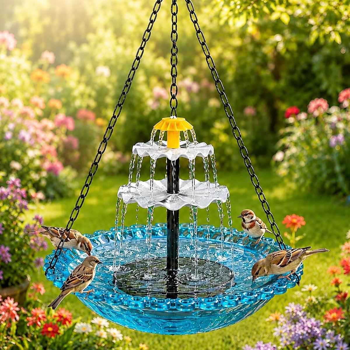 carmdering - Hangende Vogelbad Fontein - Hangend Vogeldrinkbak - Zonne-energie Buitenaccessoire - Vijf Sproeimodi - Drietraps Opvangoppervlak - Kunststof En Metaal - Weerbestendig Design - Snelle Installatie Zonder Kabels - 3 Stuks