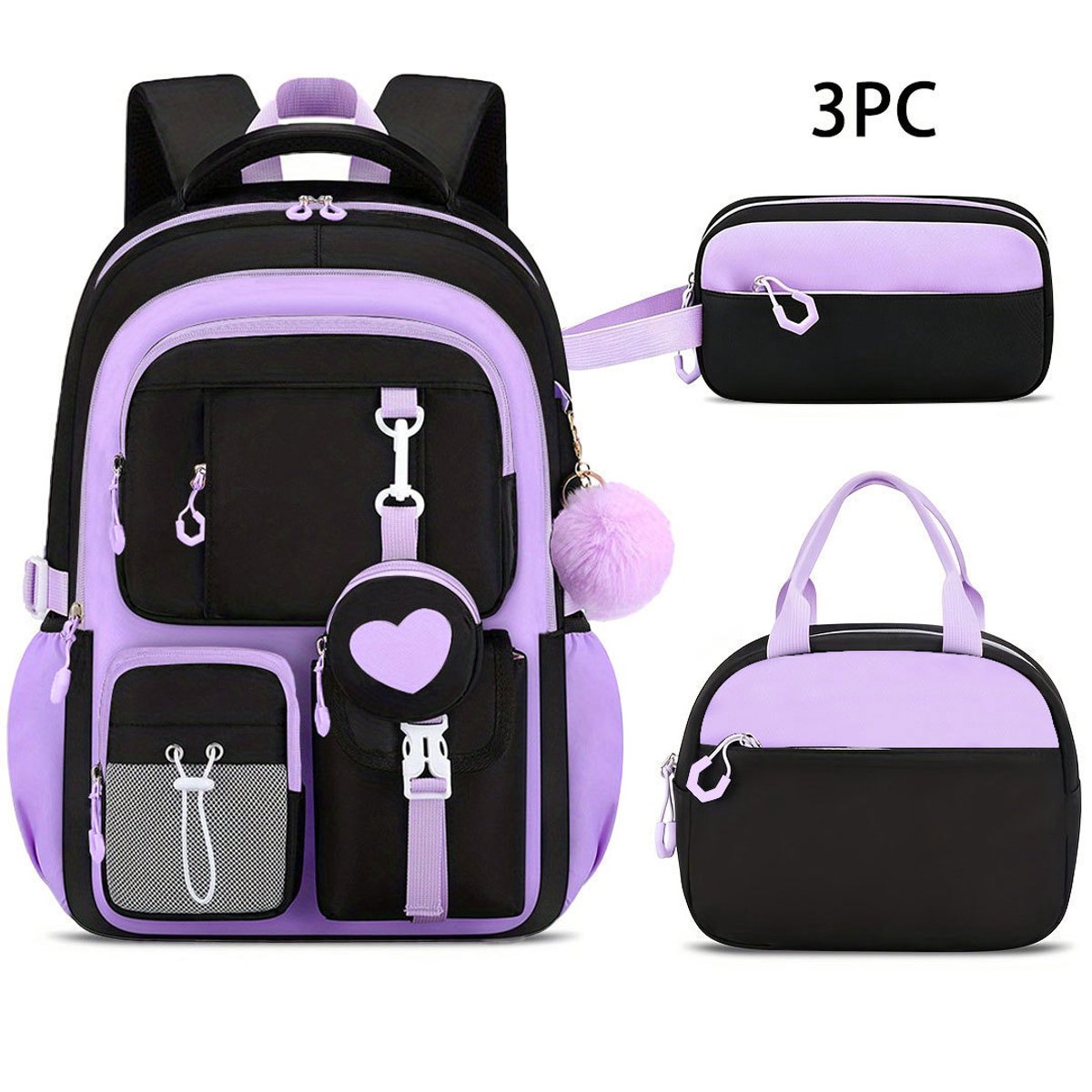 COOAU - 3-delige Schoolrugzak Set voor Meisjes - Cute Hartjes Rugzak met Lunchtas & Potlood tas- Lichtgewicht & Waterafstotend - Grote Capaciteit - Perfect voor School & Dagelijks Gebruik - Zwart&Paars