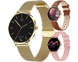 Synyq Liva AMOLED Smartwatch Dames – 40mm – 3 Bandjes - Horloge Dames – Stappenteller - Sporthorloge Dames - Hartslagmeter - Bloeddrukmeter - Slaapmonitor - Geschikt voor iOS/Android - Gold