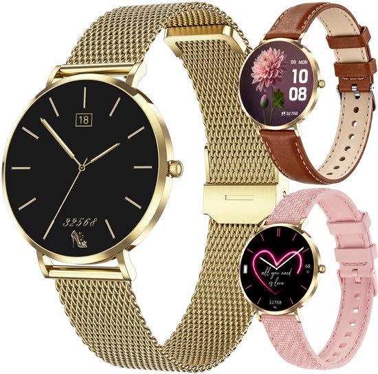 Montre connectée dorée avec cadran noir, bracelet en cuir marron et rose. Cadrans différents.