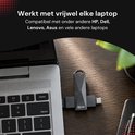 Grijze Xedor USB-stick met de tekst "Werkt met vrijwel elke laptop" en logo's van HP, Dell, Lenovo, Asus.
