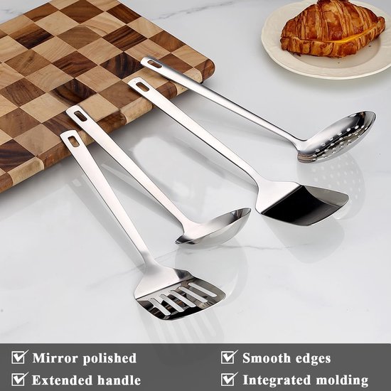 keukengerei, 4-delig, sleufdraaier, solide spatel, schuimspaan en pollepel, roestbestendig, lange steel, ophanglus, vaatwasmachinebestendig, dagelijks koken en serveren — afbeelding 5