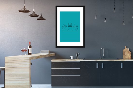 Poster in lijst - Fotolijst 60x90 cm - Posters - Skyline "Oslo" blauw - Posterlijst zwart - Decoratie - Wanddecoratie woonkamer - Muurdecoratie slaapkamer