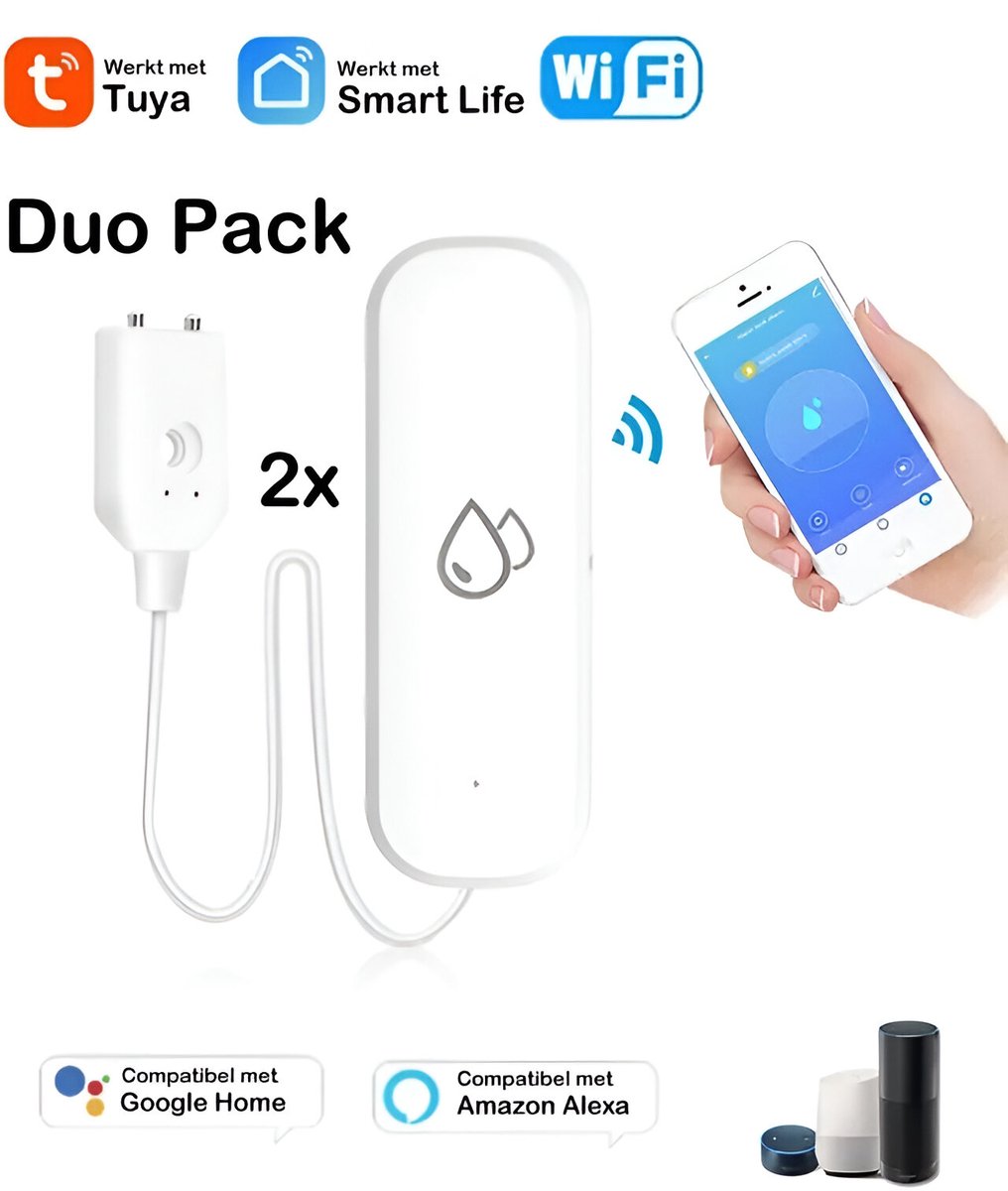 Luxyana® WLD726 Pro Wifi Wateralarm - Duo Pack - 2 Stuks Watermelder via de Tuya App - Watersensor met Automatische Waterschade Melding - Water Lekkage Detector