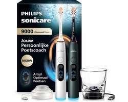 Philips Sonicare Next-Generation DiamondClean 9000 Duo Pack Elektrische Tandenborstels – met Volledige Poetsbegeleiding, Smart Pressure Feedback en 21 Poetsinstellingen, Silver White & Midnight Green, HX9216/89