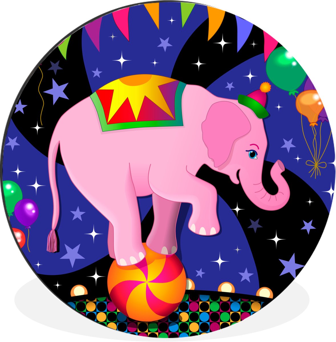 WallCircle - Wandcirkel - Muurcirkel - Een vectorillustratie van een baby olifant in het circus - Aluminium - Dibond - 60x60 cm - Binnen en Buiten
