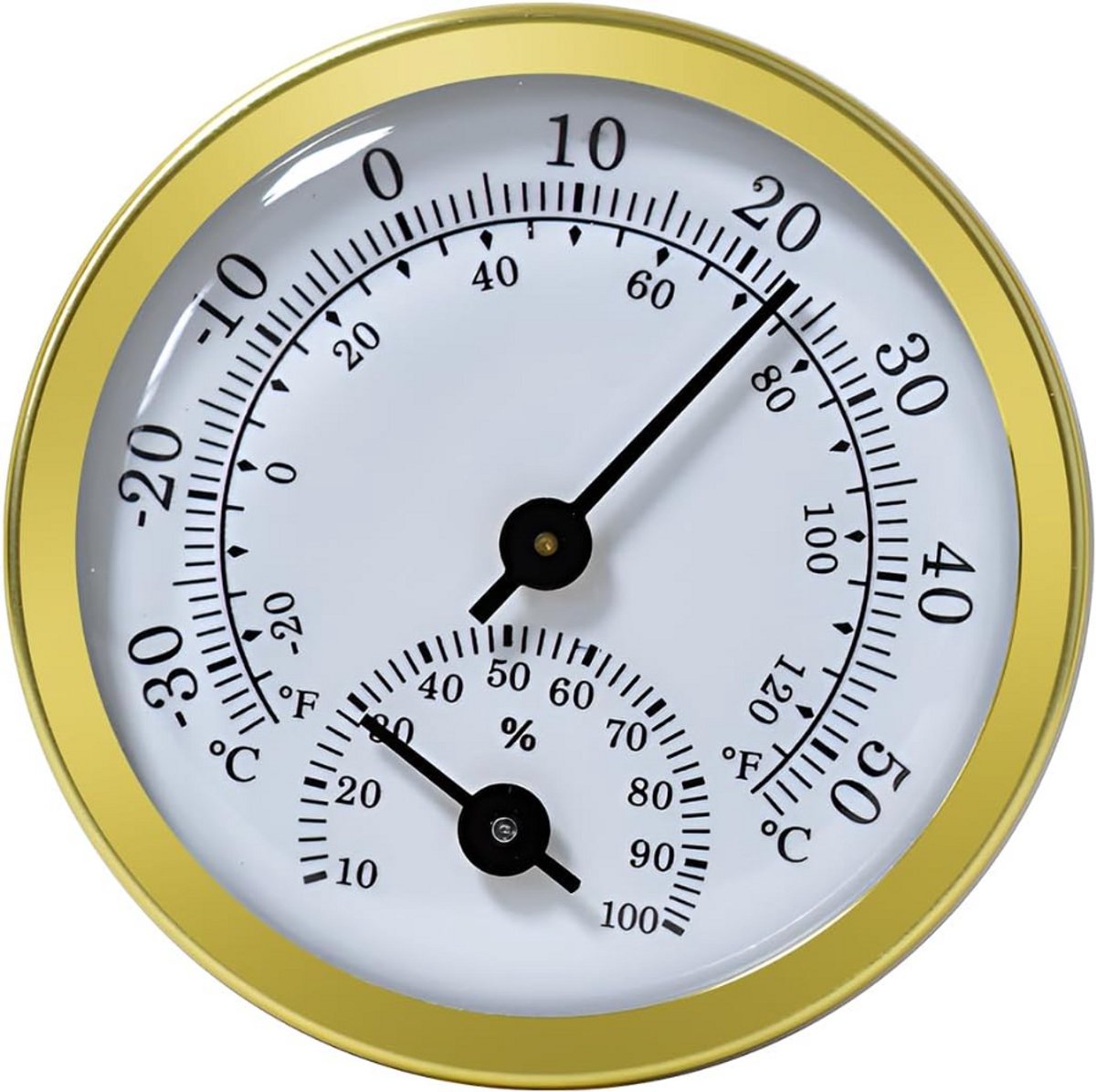 Mini-thermometer met wijzerplaat – Aluminiumlegering behuizing, kunststof onderkant, kunststof lens - Meetbereik -30 °C tot 50 °C – Nauwkeurigheid ±1 °C – Duidelijk display voor thuis en op kantoor