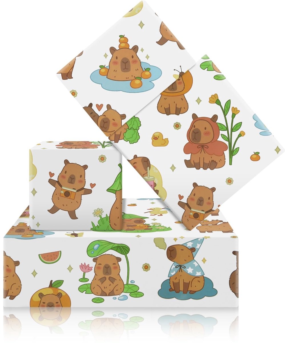 Dailygoods- Verjaardagsinpakpapier 4 vellen - Cadeaupapier voor kinderen - Mooie Capibara ontwerpen - 50 x 70 cm per vel - Geschikt voor verjaardag/babyshower