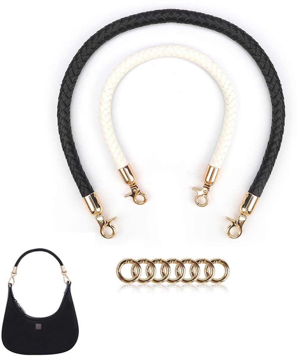 Dailygoods - Handvat voor tassen, 2 stuks, gevlochten lederen hengsels met karabijnhaak, met ronde karabijnhaak, tassenriem, leer, wit, 40 cm, zwart 60 cm, voor handtassen, cameratassen