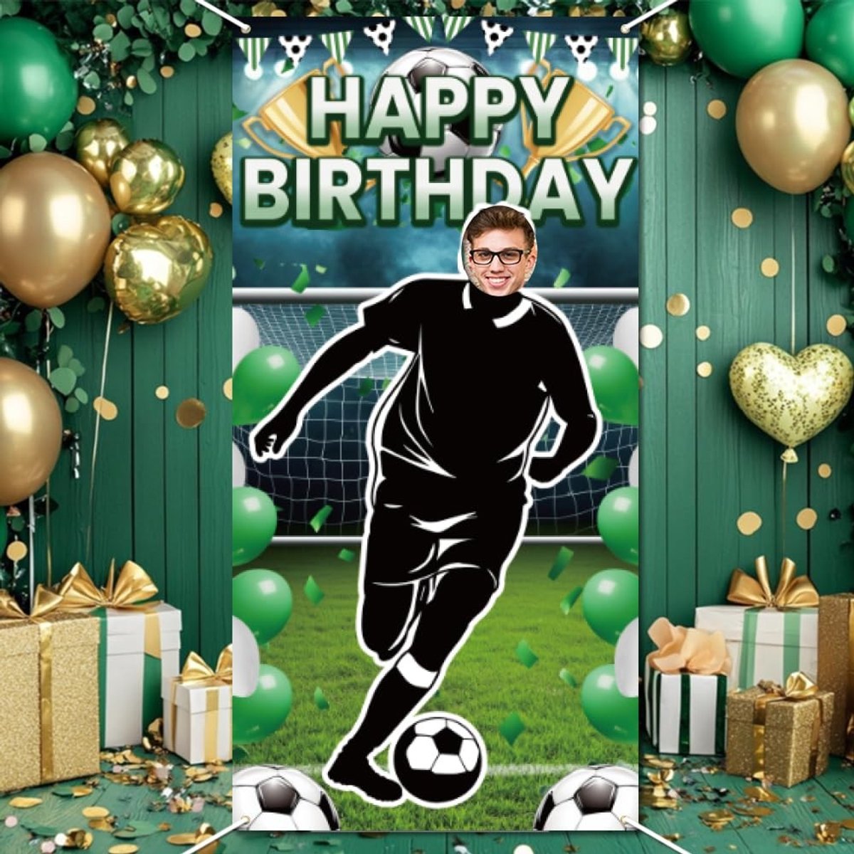 Dailygoods - WADORN Voetbal Happy Birthday fotobanner, decoratie, 90 x 180 cm, grote fotoachtergrond voor voetbalfeesten, grote stoffen banner met sportgezicht in het gat om op te hangen, deurafdekking voor