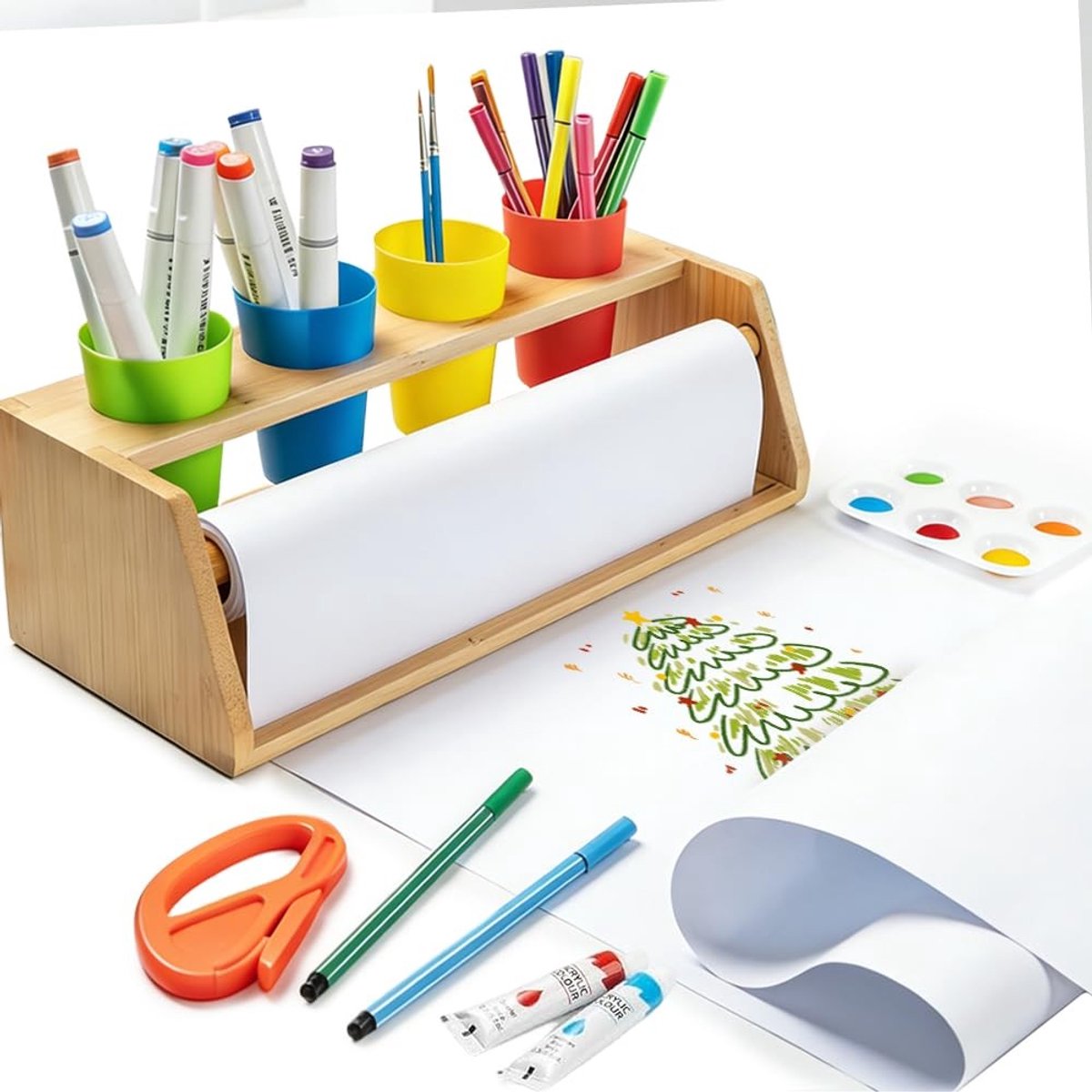 Dailygoods - 35-delig tafel schilderpapier kinderen schildertafelkleed met houten houder, met kleuren, penselen & papierrol schilderen kinderen