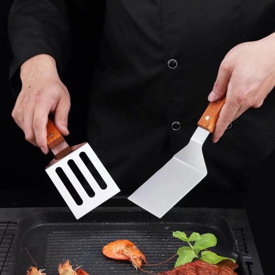 2 Stuks Metalen Spatel voor Gietijzeren Koekenpan, Roestvrij Stalen Grillspatel Sleufspatel Spatel Visspatel Met Houten Handvat, Platte Grillspatel, Bakplaat Metalen Spatels voor Koken BBQ — afbeelding 2