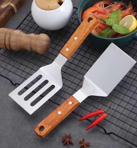 2 Stuks Metalen Spatel voor Gietijzeren Koekenpan, Roestvrij Stalen Grillspatel Sleufspatel Spatel Visspatel Met Houten Handvat, Platte Grillspatel, Bakplaat Metalen Spatels voor Koken BBQ — afbeelding 5