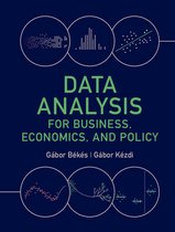 Boekomslag: 'DATA ANALYSIS FOR BUSINESS, ECONOMICS, AND POLICY' door Gábor Békés en Gábor Kézdi, met grafische weergaven van data-analyse.