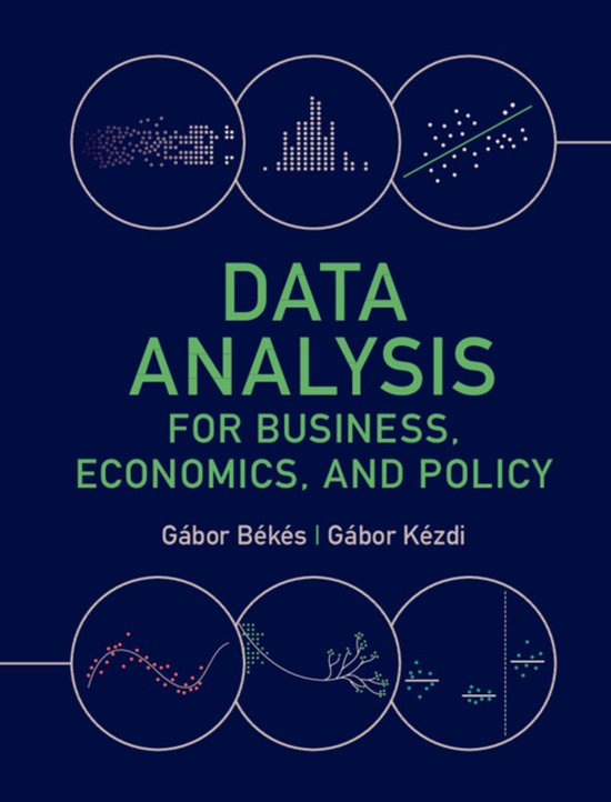Boekomslag: 'DATA ANALYSIS FOR BUSINESS, ECONOMICS, AND POLICY' door Gábor Békés en Gábor Kézdi, met grafische weergaven van data-analyse.