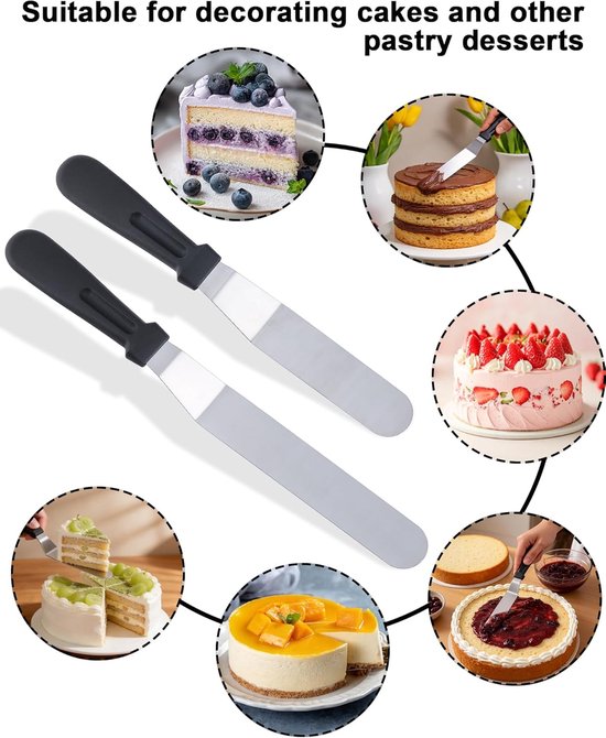Spatula Set 2 Stuks - Offset Spatula/Paletmes RVS 15cm & 20cm, Schuin Hoekpalet Taartspatel met Antislip Handgreep, voor Glazuur, Botercrème, Fondant en Taart Decoreren — afbeelding 4