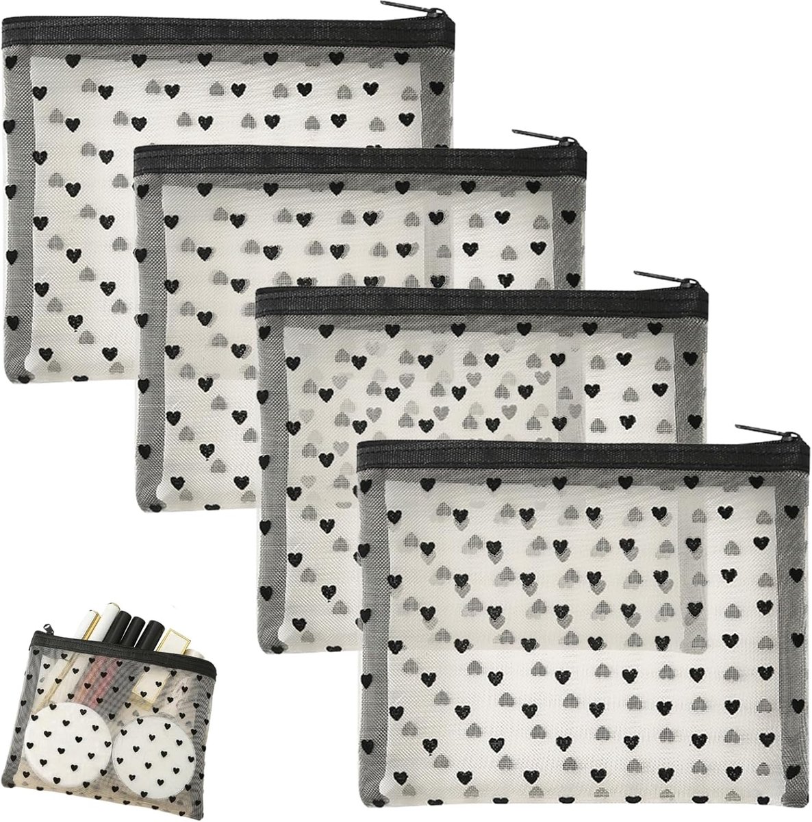 4 stuks kleine make-up tas, hartprint mini doorzichtige make-up tas met rits, mesh kleine make-up zakje voor vrouwen, tas organizer zakjes voor cosmetica toiletartikelen, vakantie reizen