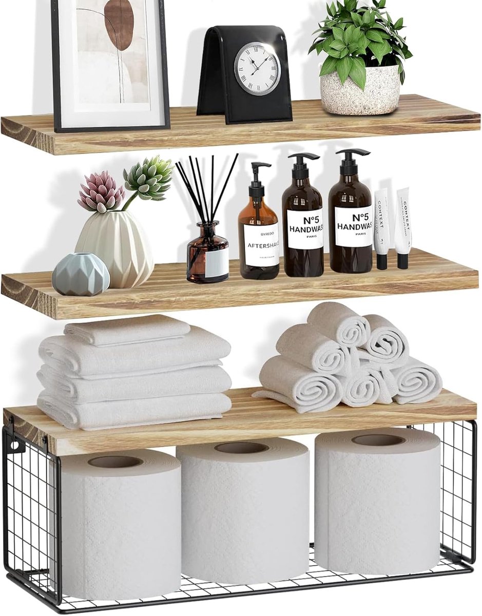 Zwevende planken, rustieke planken voor muur, badkamerplanken boven toilet, keukenplanken met draadopbergmand, badkamerplank, wandplanken decoratie voor woonkamer/kantoor/plantenplanken.