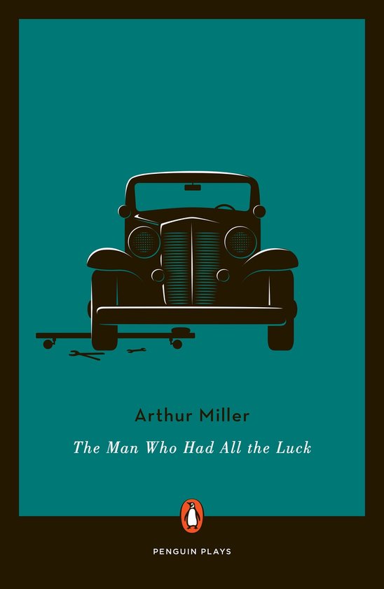 Boekcover van 'The Man Who Had All the Luck' van Arthur Miller, met een gestileerde illustratie van een auto met een platte band en gereedschap.