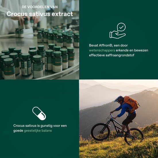 Vier panelen: flesjes in lab, handen die bessen plukken, icoon van hand met vinkje, icoon van capsule, man mountainbiket.