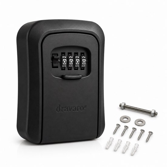 Zwarte dravaro sleutelkluis met 4-cijferig slot, met montageset van schroeven en pluggen.