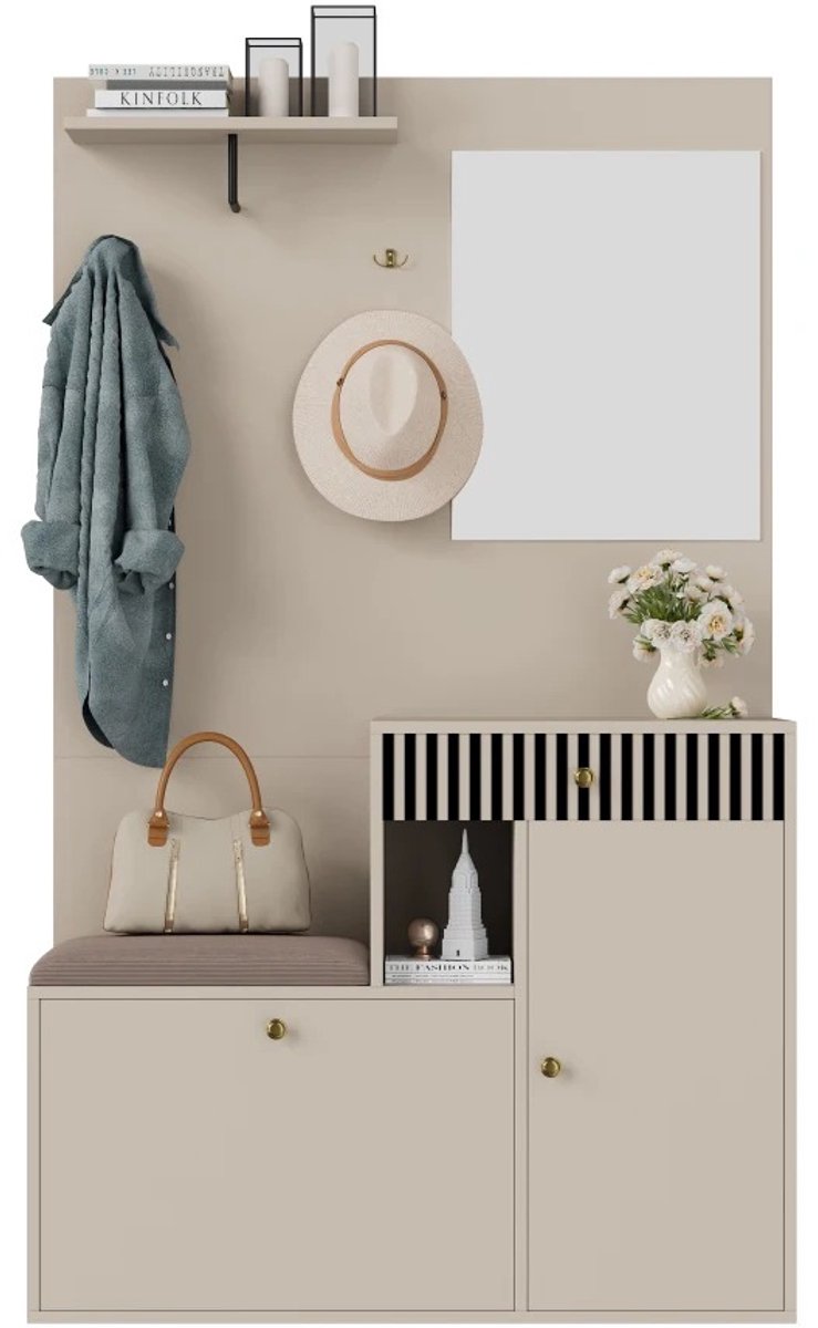 Emvae Kapstok - Wandkapstok - Schoenenkast - Garderobekast - met Spiegel en Zitkussen - 110x37x75,5 cm - Beige/Grijs