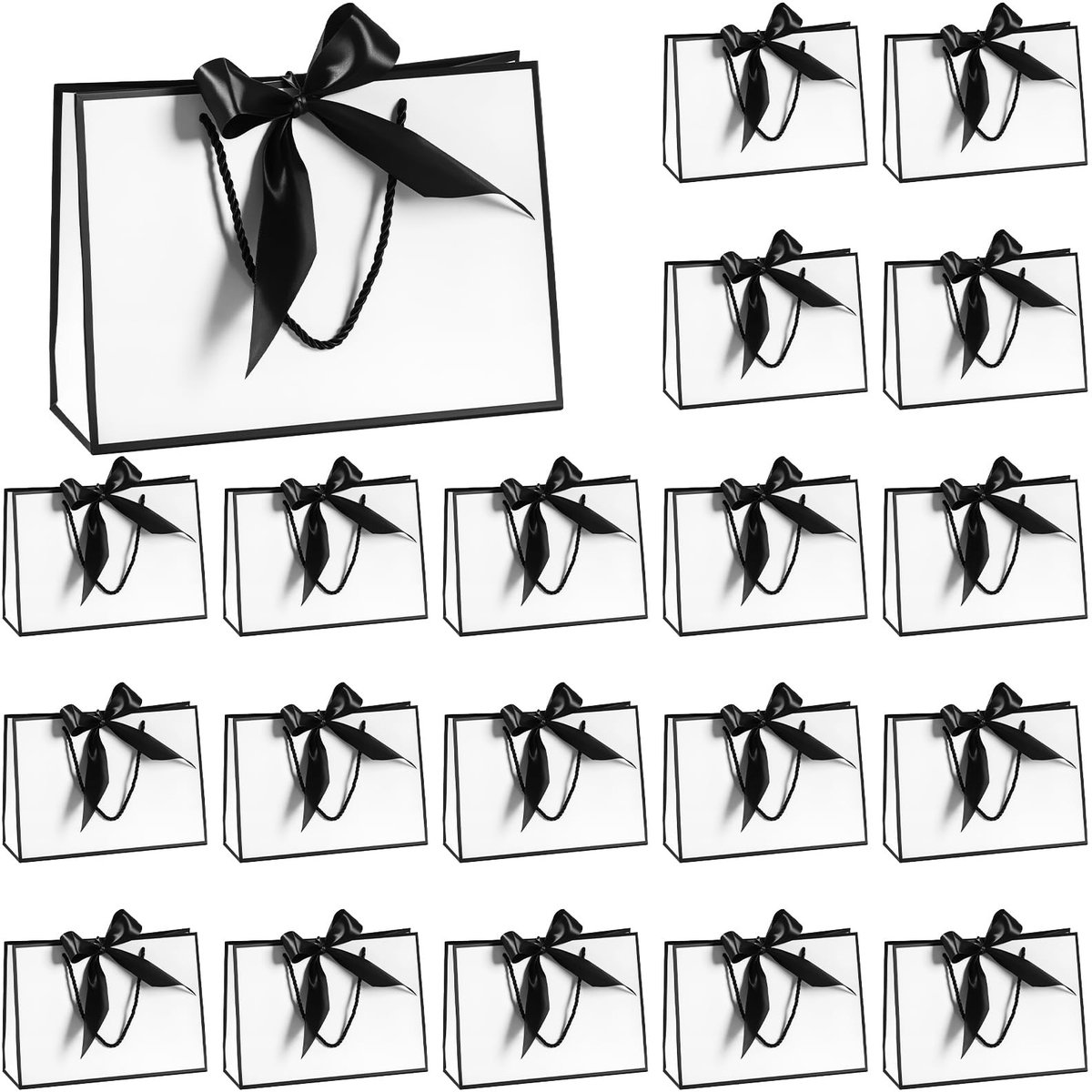 Dailygoods- Geschenkzakken 20 stuks - Luxe Papieren Zak - 32 x 25 x 11 cm - Zwart/Wit met Strik - Stevig Karton - Handvat en Waterdicht - Cadeauzakken