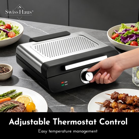 Swiss Haus® TG22 Rookvrije Elektrische Grillplaat 2200W - 36 x 26 cm - Tafelgrill - Indoor Contact Grill - Bakplaat - Gourmet - PFAS Vrij Antiaanbaklaag - Afneembaar Deksel - Met Temperatuurregelaar - RVS/Zwart — afbeelding 3
