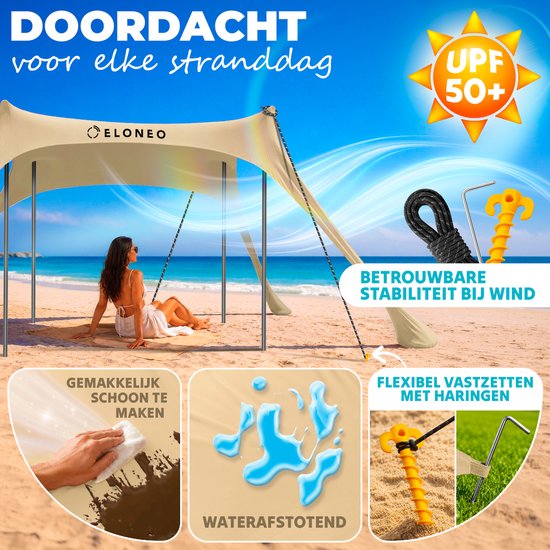 ELONEO Strandtent met Zonnedoek - UV-bescherming UPF 50+, Windscherm, Strandaccessoires & Camping, Crème 300x300x200 cm van ELONEO — afbeelding 3