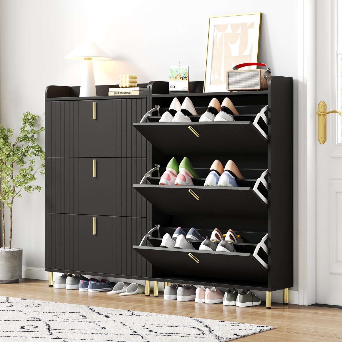 REDOM - Schoenenkast - Verstelbare planken - Kantelbeveiliging en opbergrand bovenblad - Moderne stijl - Hal - MDF - Zwart - 80 x 23 x 123,5 cm