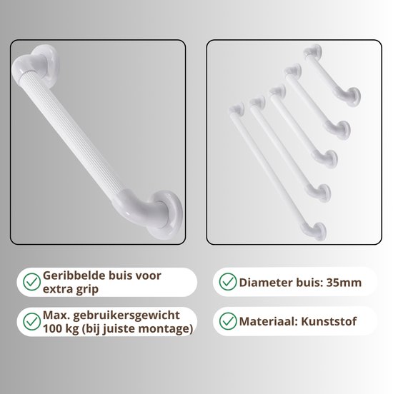 Witte handgrepen met geribbelde buis voor extra grip. Diameter 35mm, kunststof. Max. 100 kg.