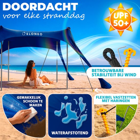 ELONEO Strandtent met Zonnedoek - UV-bescherming UPF 50+, Windscherm, Strandaccessoires & Camping, Blauw 300x300x200 cm van ELONEO — afbeelding 3