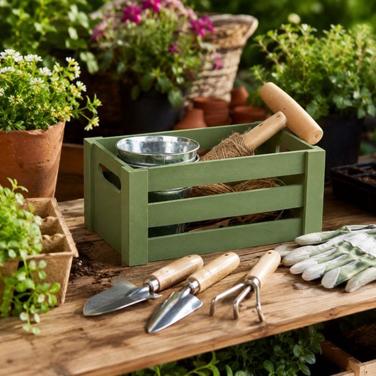 Kinzo Tuingereedschap Set - Tuinierset met Houten Tuinkist en 2 Metalen Plantenpotten - Tuinaccessoires Set voor Planten Verzorging - Kweekset Planten met Plantlabels Set - Groen van Kinzo — afbeelding 3