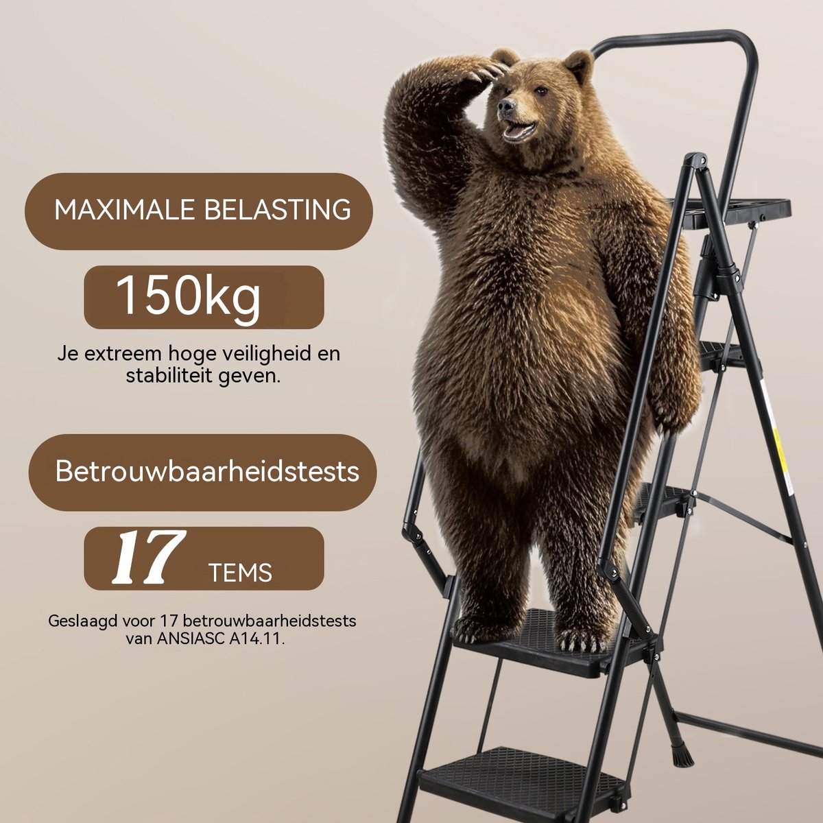 Inklapbare Trap - Keukentrap - Stalen Vouwladder-Huishoudtrap – Antislip –Met Leuning – Veiligheidsvergrendeling - 150 kg - Thuis - 4 Treden- Opvouwbaar-Zwart – foto 3