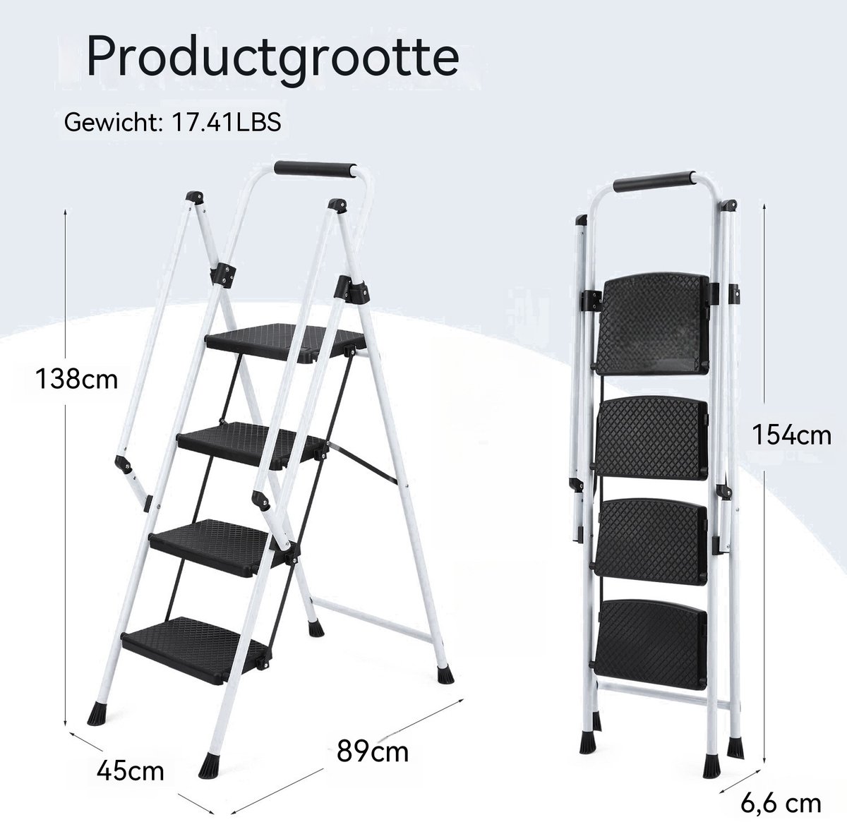 Witte trapladder - Opvouwbare ladder - Keukentrap-Huishoudtrap – Brede treden – Anti-slip – Veiligheidsbeugel - Staal - Keuken - 4 treden- Inklapbaar-Wit – foto 4
