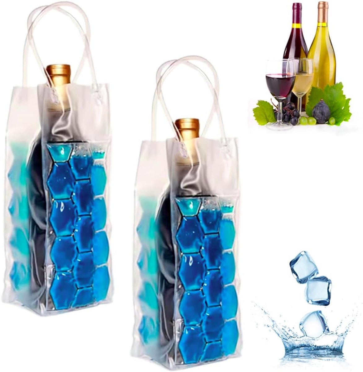 Set van 2 Wijnkoeler met ijszakken - lessenkoeler voor onderweg - Wijnkoeler - Gel - Honingraatontwerp - Wijnkoelkast voor rode, witte, champagne - Voor 750 ml Flessen- Met Handvat - Herbruikbaar - Opvouwbaar - Voor Binnen & Buiten - Blauw