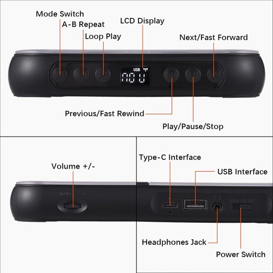Draagbare Bluetooth cd-speler, cd-speler met stofkap, Inclusief hoofdtelefoon - 6 modi - AB-herhaaltimer - Afstandsbediening - Externe afspeelfunctie — afbeelding 2