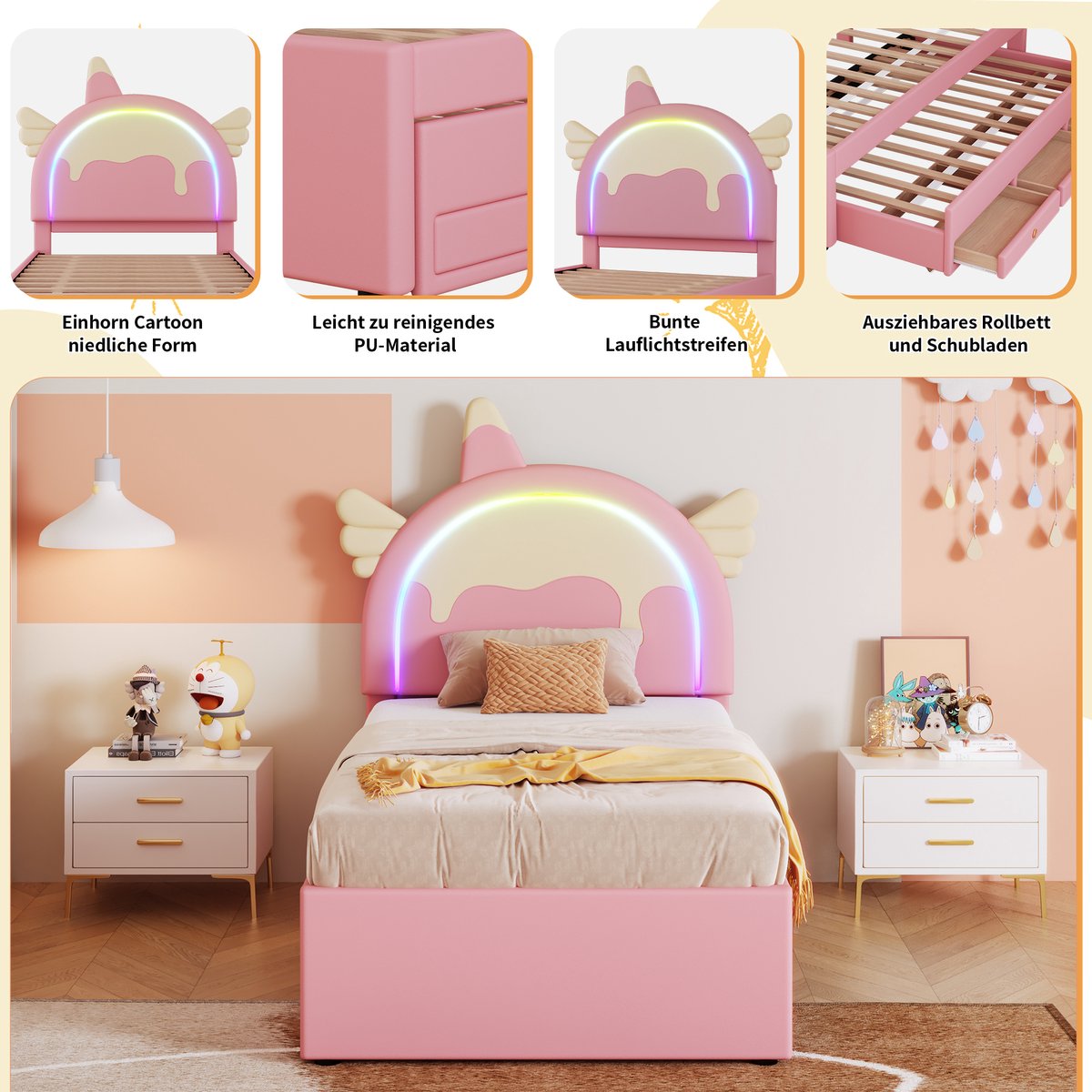 Eenhoorn kinderbed met uitschuifbed en lades - voor meisjeskamer en tienerkamer - 90x200 cm - Roze - Zachte PU-bekleding met cartoonontwerp - Inclusief 12 latten - 150 kg belastbaar — cadeau in Cadeau-ideeën - foto 2