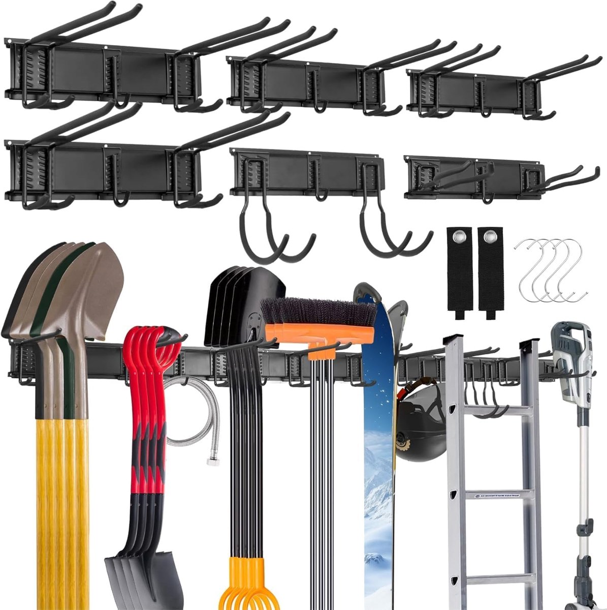 Tool Organizer Wandmontage, 244 cm Garage Opslag Wandorganizer, Tuingereedschap Opbergrek met 18 Haken + 4 S-haken & 2 riemen - geschikt voor ski-uitrusting, schoppen, harken, stoelen