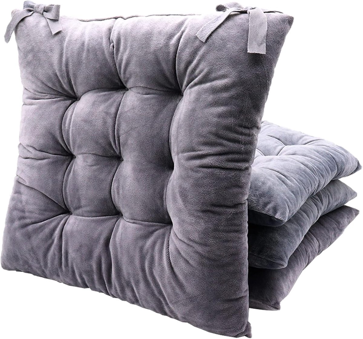 Set van 4 stoelkussens met linten, 40x40 cm Afwasbaar kristalfluwelen zitkussen, bruikbaar voor stoelkussen voor tuinstoel, computerstoel, bureaustoel of eetkamerstoel (grijs)