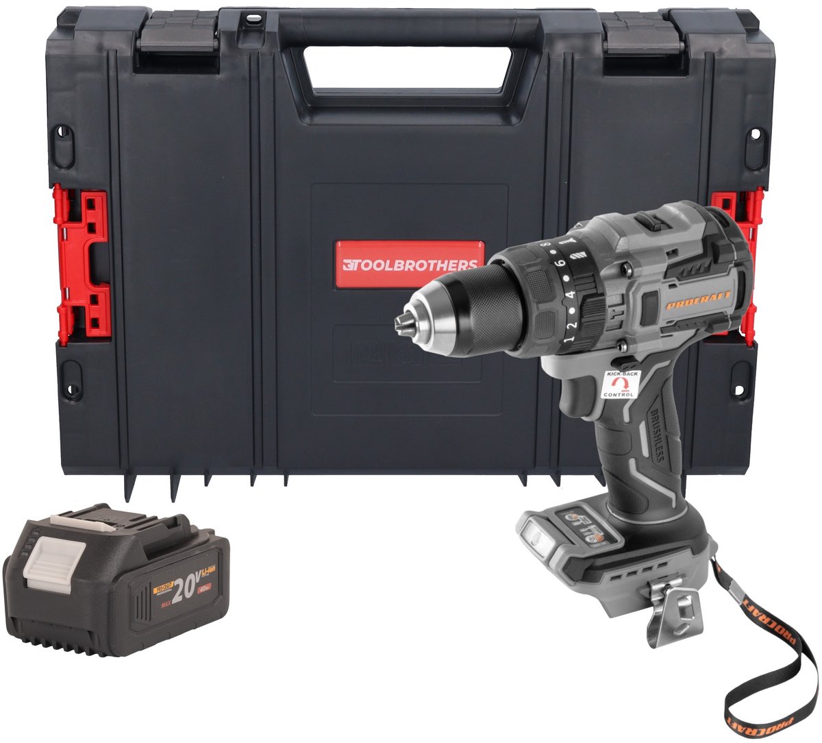 Procraft Industrial CD20B-BB accuboormachine 20 V 150 Nm borstelloos + 1x accu 4,0 Ah + RHINO-gereedschapskoffer - zonder oplader