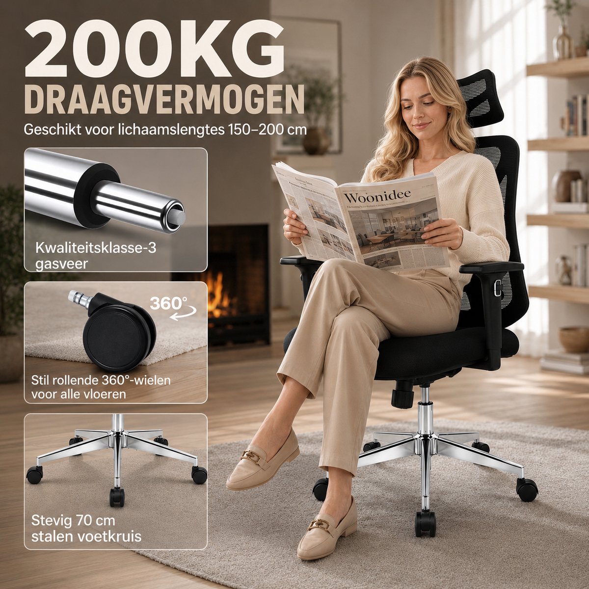 Durrafy Ergonomische Bureaustoel 200 kg - Computerstoel met 2D Hoofdsteun, 3D Armleuningen, Lendensteun, Zitdiepteverstelling en Ademend Mesh thumbnail 5