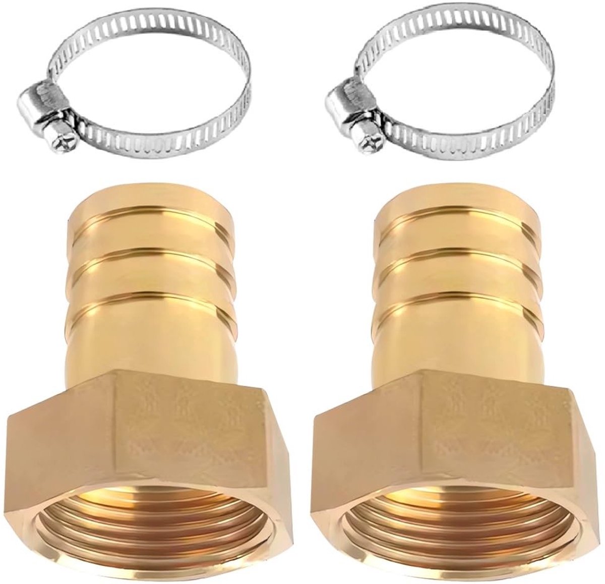 Dailygoods - 2 stuks 1 inch IG messing slangtule, 1 inch IG x 25 mm slangschroefverbinding, binnendraad stekkeradapter, tuit slangaansluiting, messing slangaansluiting, stekkeradapter met 2 slangklemmen