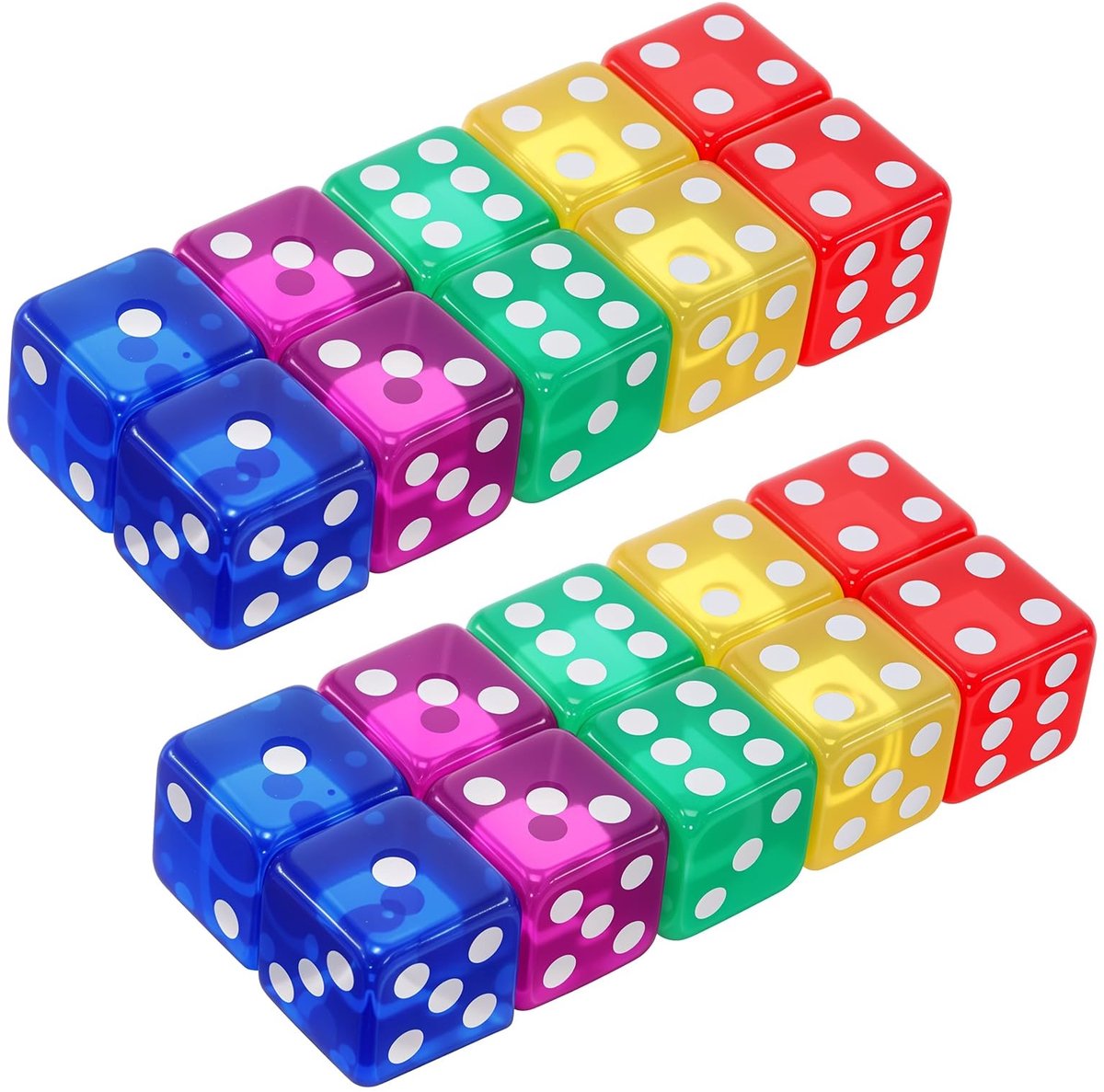 Dailygoods - 20 stuks 16 mm kleurrijke dobbelstenen, speeldobbelstenen, acryl dobbelstenen voor kniffelblok, 6-zijdig kniffelblok, dobbelstenen, set voor dobbelspellen, tafelspellen (5 kleuren)