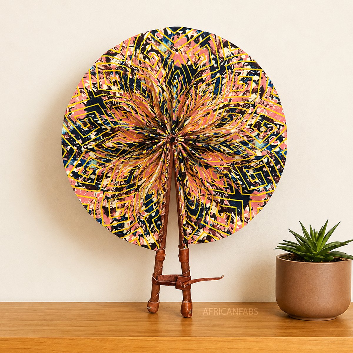 Afrikaanse handwaaier - Ankara print waaier - Roze Zwart Owuraku
