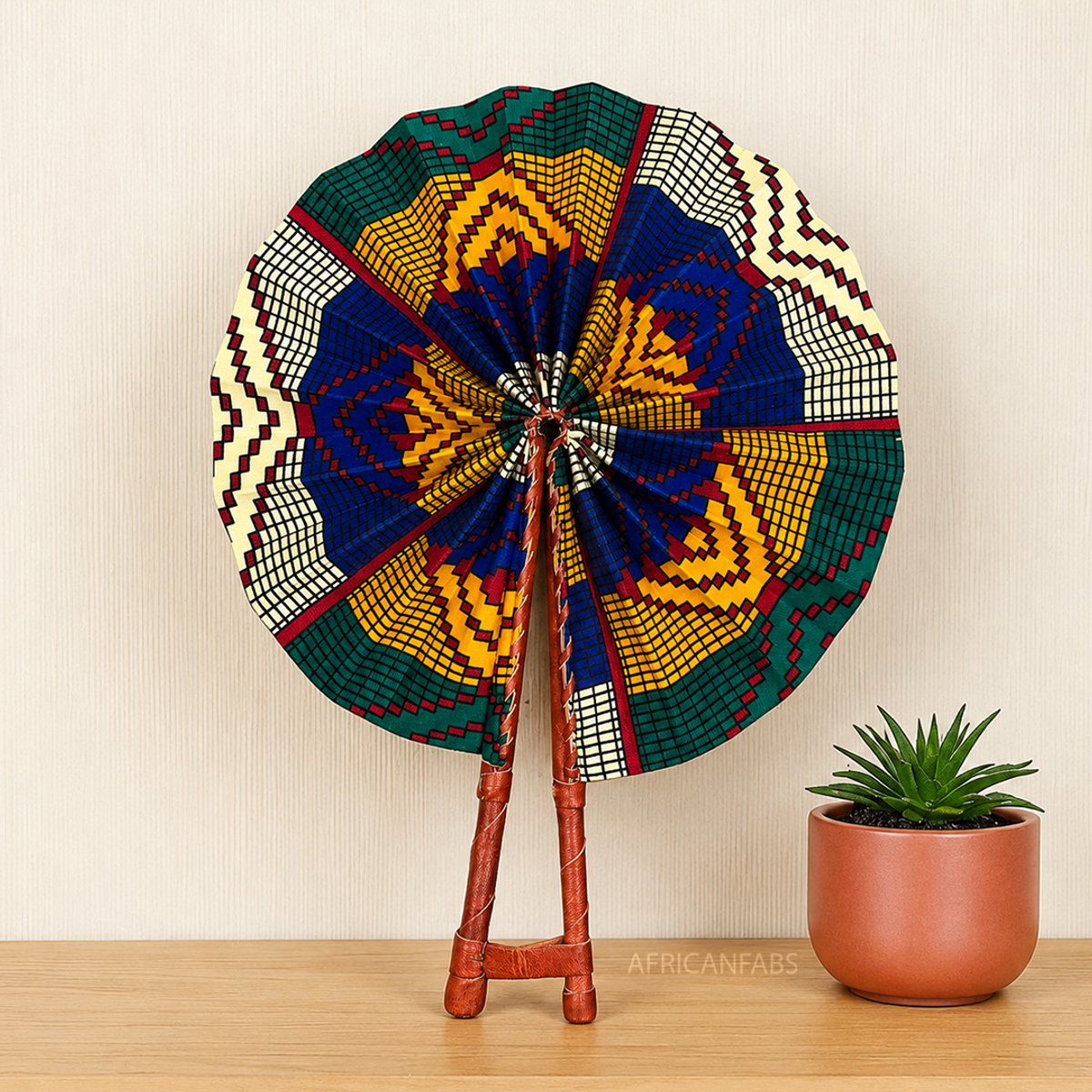 Afrikaanse handwaaier - Ankara print waaier - Blauw Geel Frimpong
