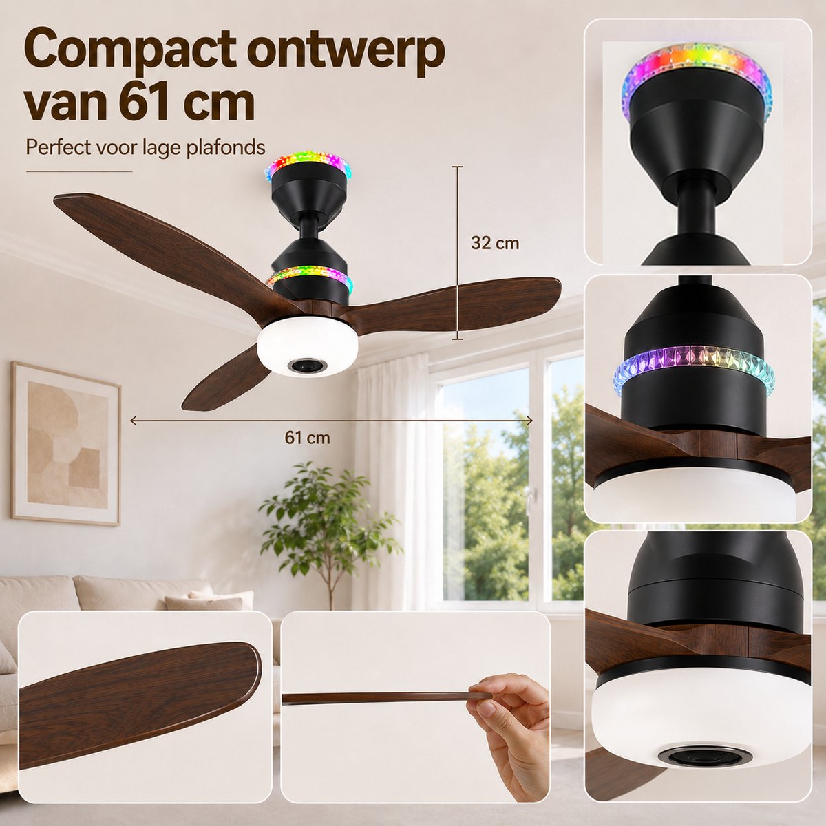 MUPOO Houtlook plafondventilator met verlichting RGB Ø61cm-RGB LED plafonventilator afstandsbediening met Bluetooth Speaker-plafonniere met ventilator met 3 Snelheden & Slaapmodus thumbnail 4